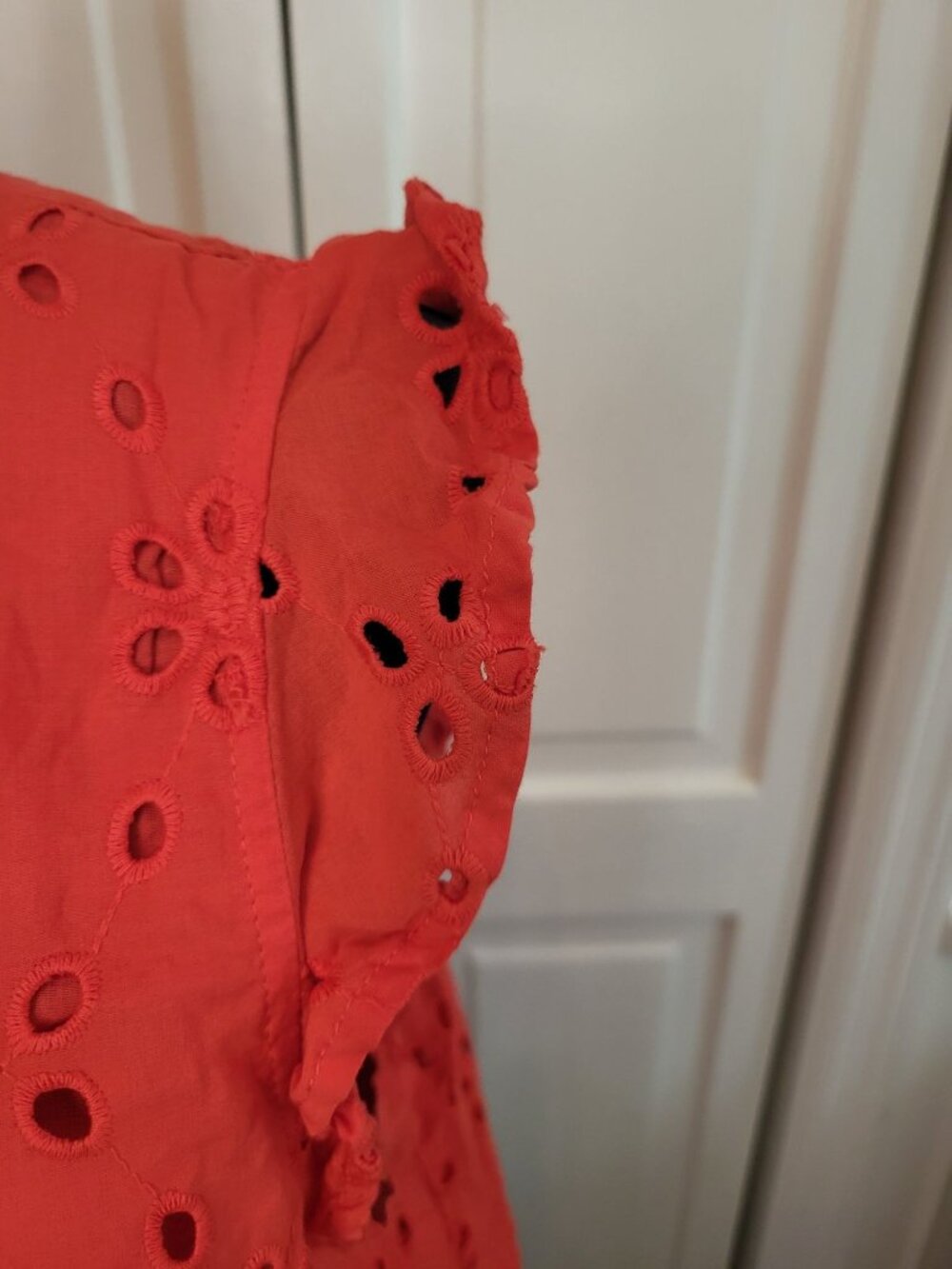 J Crew Red Eyelet Blouse Flutter Sleeve L Preppy Coastal Summer July 4th Brunch - Picture 6 of 10